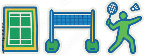 badminton court shuttlecock racket player and net hand drawn simple icons set