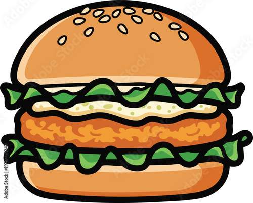 Delicious Cartoon Chicken Burger with Sesame Seed Bun.