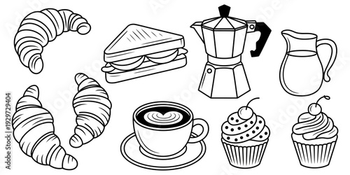 a charming sketch of breakfast items, croissants, sandwiches, coffee and pastries, handdrawn food illustrations, cozy morning meal vector collection.