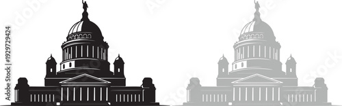 Vector illustration of government buildings with domes and columns in contrasting black and white designs