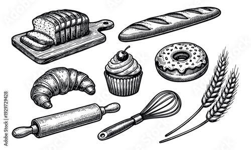 Hand drawn line art bakery set featuring bread, pastries, and baking tools for menus or kitchen decor