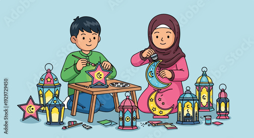 Two children creating Ramadan lanterns at a table surrounded by various decorative lanterns in a festive illustration