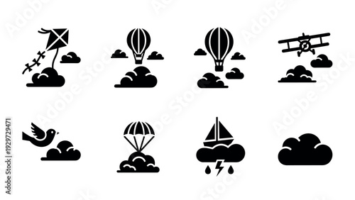 set of hand drawn sky elements icons including kite hot air balloon airplane bird parachute sailboat and cloud silhouettes