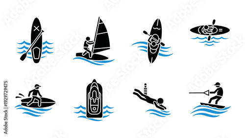 water sports activities set with paddleboard windsurfing kayaking jet ski diving and wakeboarding icons in hand drawn style