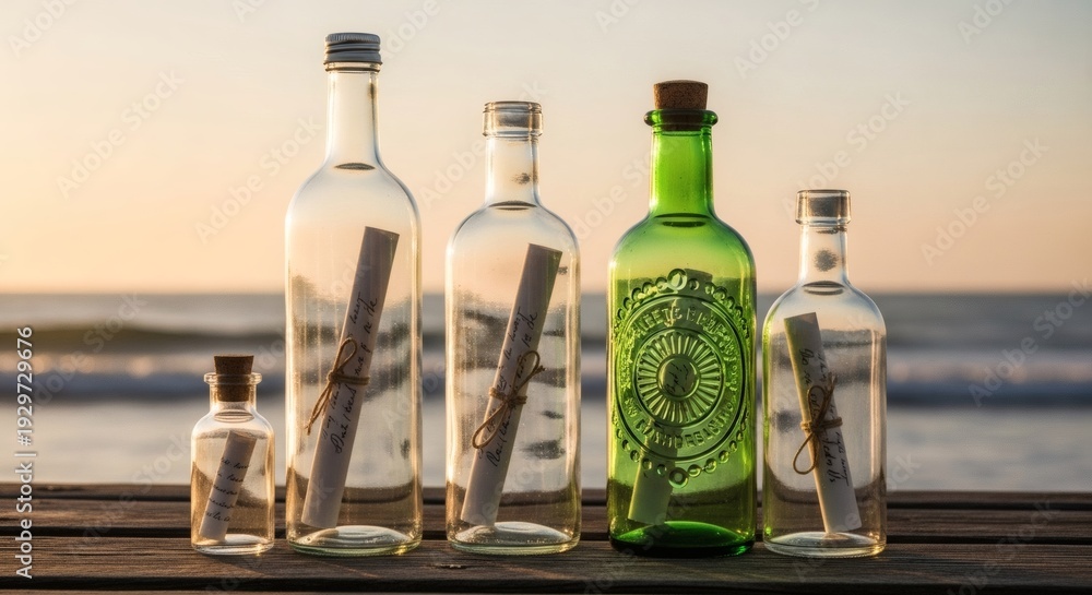 Obraz premium Message in a Bottle on Beach at Sunset: Hope, Adventure, Communication