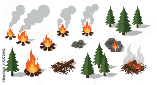 set of campfire bonfire illustrations with pine trees hand drawn camping nature elements