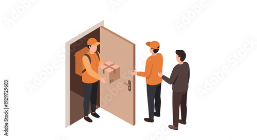 isometric delivery person handing package to customer and helper at open door in modern flat style