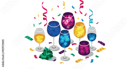 colorful drinking glasses and wine glasses with confetti and streamers festive hand drawn vector illustration