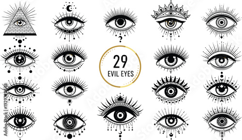 Evil Eye Symbol Collection Set, Mystical Occult All Seeing Eye Vector Illustration in Black and White Isolated on Light Background