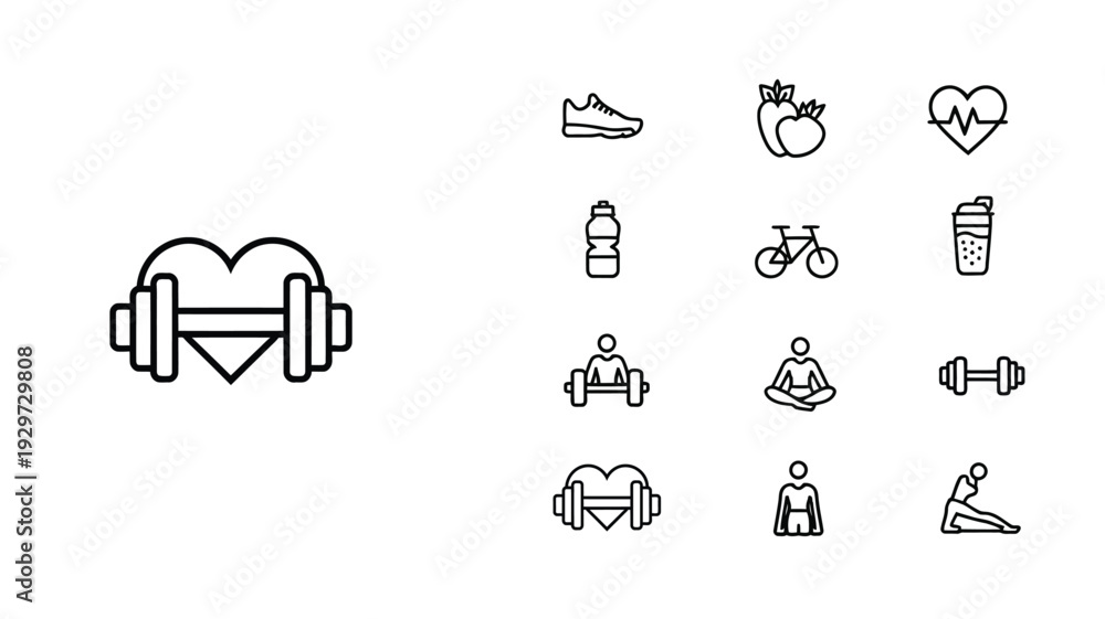 Fototapeta premium Healthy Lifestyle Fitness Line Icon Set Sport Nutrition Editable Stroke Vector Illustration Collection