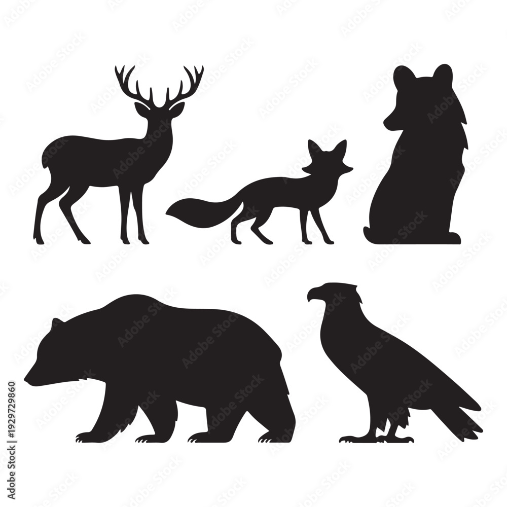 Fototapeta premium Mixed Forest Animals Silhouette Vector Collection, Bear Deer Fox Wild Mammals Set