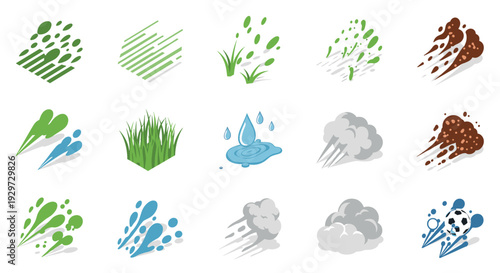 set of hand drawn nature elements including grass dirt water and clouds in colorful vector style
