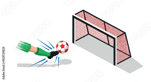 soccer player kicking ball towards goal with hand drawn style and sport concept