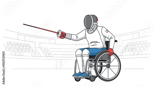wheelchair fencer athlete in protective gear holding foil sword hand drawn illustration for sports and disability awareness