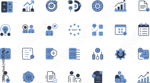 Business, analytics, organization, teamwork, collaboration, strategy, planning, chart, graph, target, pie chart, lightbulb, idea, innovation, document, checklist, approval, calendar, gear
