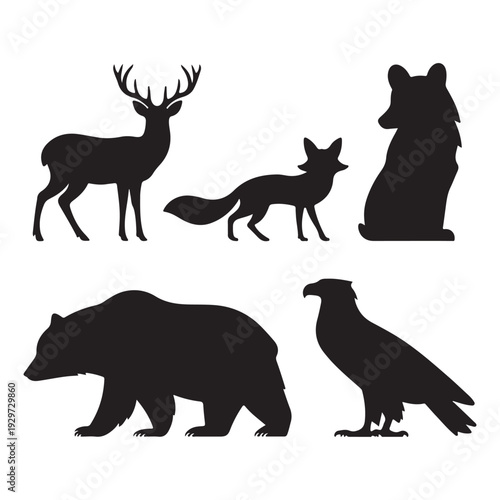 Wallpaper Mural Mixed Forest Animals Silhouette Vector Collection, Bear Deer Fox Wild Mammals Set Torontodigital.ca