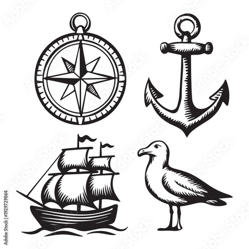 Wallpaper Mural Nautical Symbols Silhouette Vector Set, Compass Anchor Ship Seagull Maritime Collection Torontodigital.ca