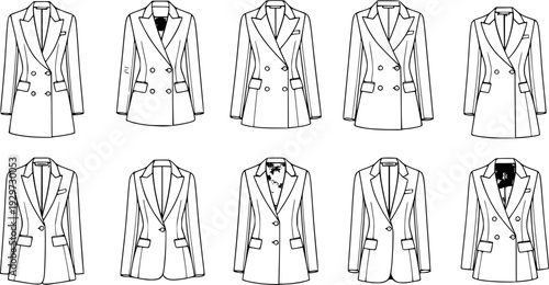 flat sketch set of women's blazer jacket technical cad drawing vector template
