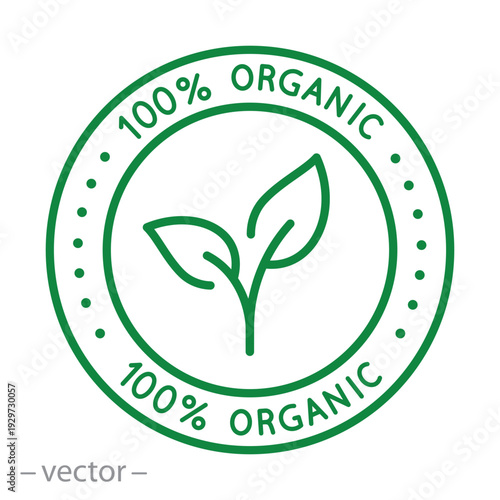 100% Organic, organic line icon, certified green circle label