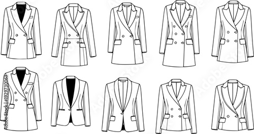 flat sketch set of women's blazer jacket technical cad drawing vector template
