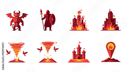 set of medieval fantasy icons with demon knight burning city fiery tornado castle and fire location marker in flat style
