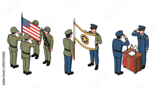 soldiers in different uniforms saluting and holding flags in hand drawn style military ceremony illustration