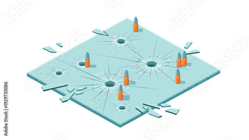 bullet holes in shattered glass with scattered bullets isometric hand drawn illustration