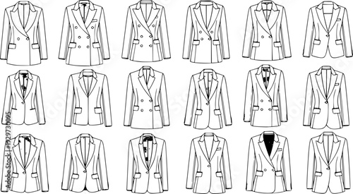 flat sketch set of women's blazer jacket technical cad drawing vector template
