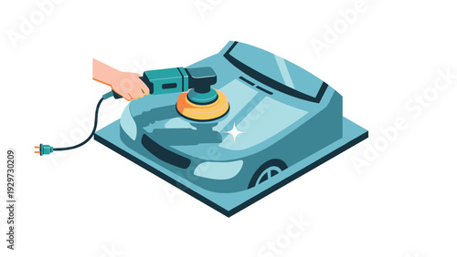 hand polishing a car hood with electric buffer in flat vector style