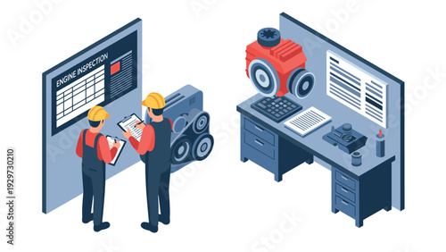 isometric engine inspection and repair workspace with workers and engine parts vector illustration