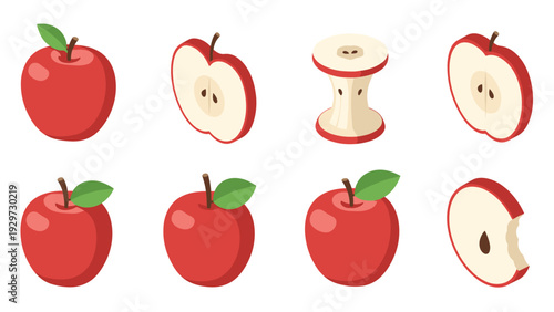 set of hand drawn red apple illustrations whole sliced and bitten fruit in flat style