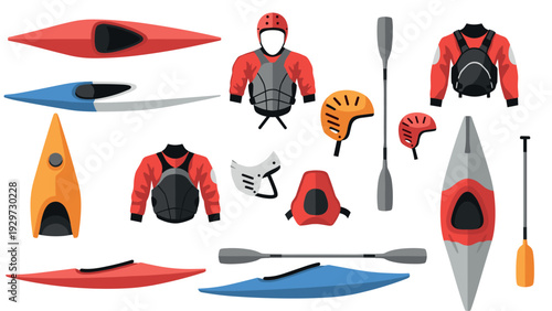 set of kayaking equipment with kayaks paddles helmets and protective jackets hand drawn illustration