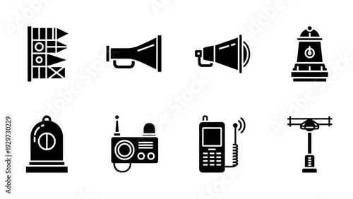 set of hand drawn black communication and warning device icons including megaphones radio and sirens