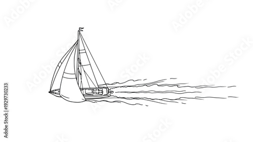 sailboat cruising on water with trailing waves hand drawn line art illustration