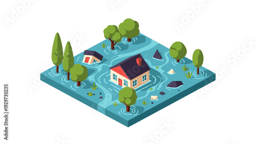 isometric flooded neighborhood with houses trees and water in flat cartoon style