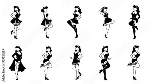 set of vintage pinup girls in black dresses and stockings hand drawn retro style collection