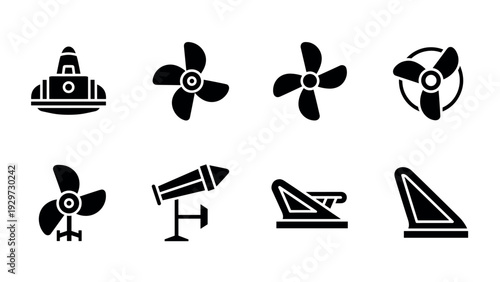 set of black marine propeller icons and ship rudder silhouettes in simple flat style