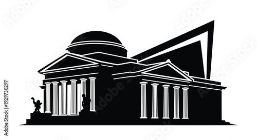 Black and white silhouette of a classical building with columns and a dome