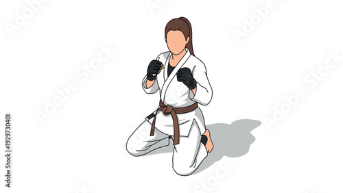 female martial artist kneeling in a fighting stance wearing gi and brown belt hand drawn illustration