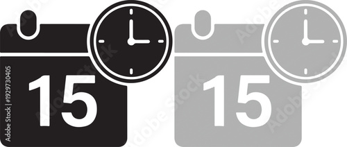 Vector illustration of calendar icons with clock faces showing the 15th day in monochrome design elements for scheduling and timing purposes in various applications