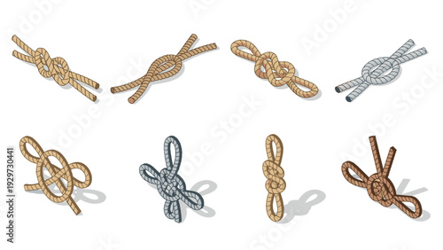 set of hand drawn rope knots illustrations in color with shadows for design and decoration