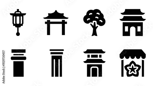 set of asian architecture and nature silhouette icons in simple black style
