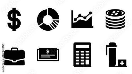 set of financial and business icons in black silhouette style including dollar sign pie chart graph stack of coins briefcase check calculator and inhaler