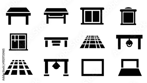 set of black silhouette table and window icons flat simple design for interface and construction