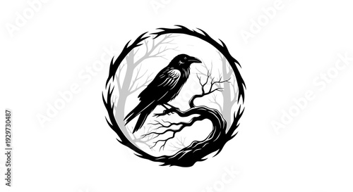 black crow on tree branch in circle