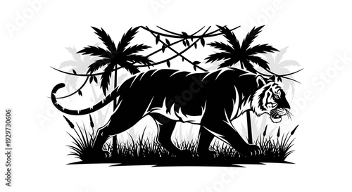 tiger walking in tropical forest with palm trees