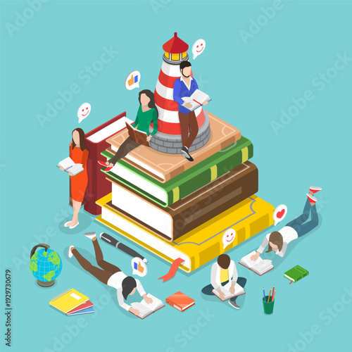 3D Isometric Flat Vector Illustration of Knowledge Is The Key, A Pile Of Books and a Bunch of Readers