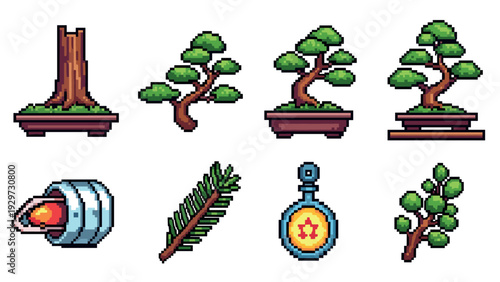 pixel art bonsai tree set and related nature objects pixel style game icons collection
