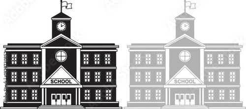 Vector graphic illustration of a school building with clock tower and flagpole in different shading styles