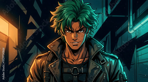 Retro anime portrait of man with green hair and neon lighting